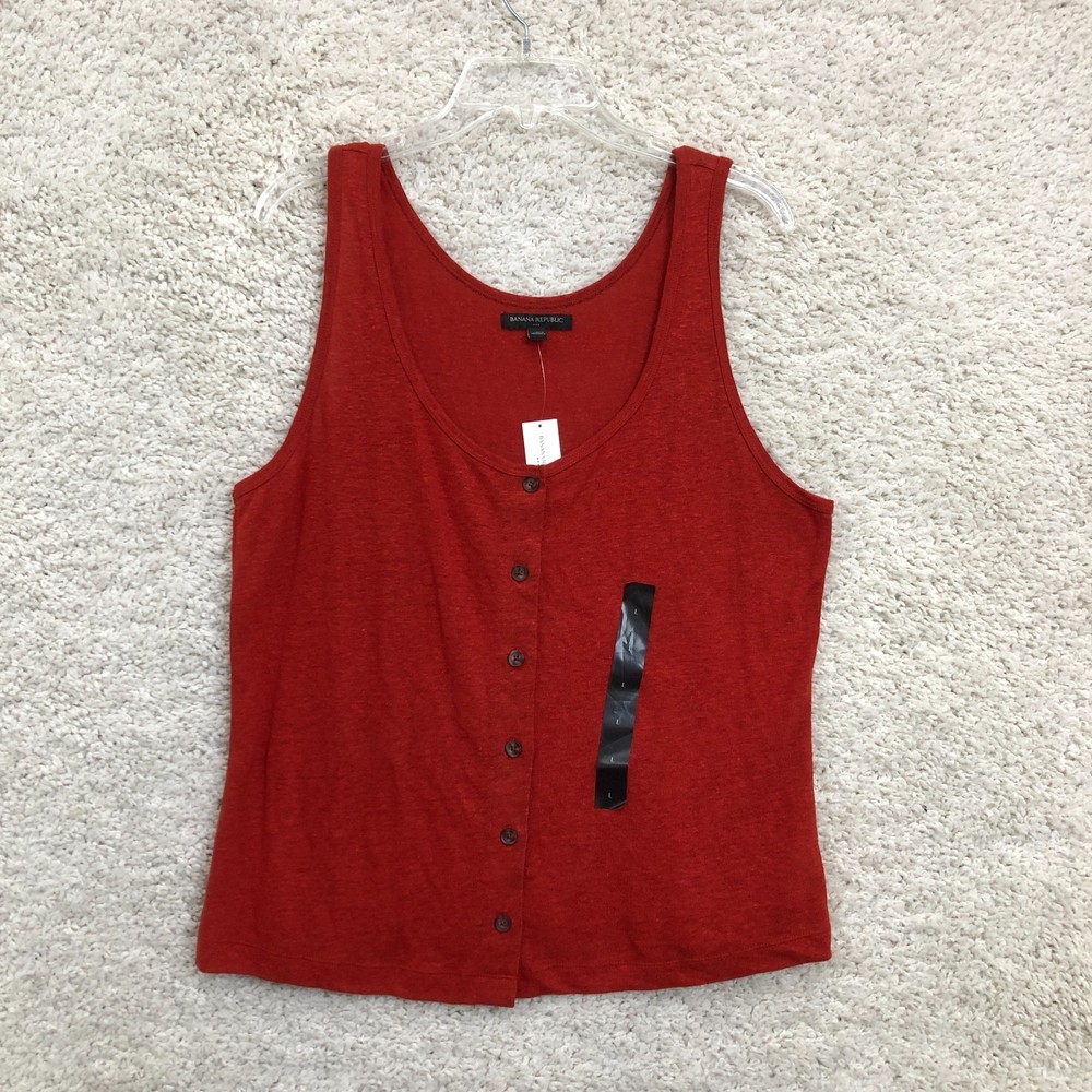 NEW Banana Republic Tank Top Shirt Large Womens Red Linen Scoop Neck Button Up L