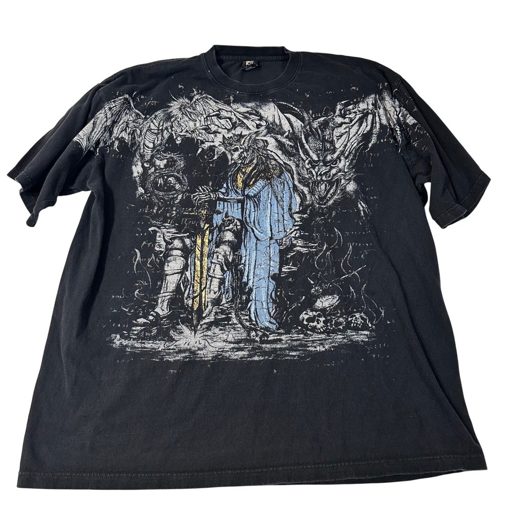 Fuya Mens 2XL Black Graphic T-Shirt Fantasy Skeleton Dragon Sword Gothic Tee