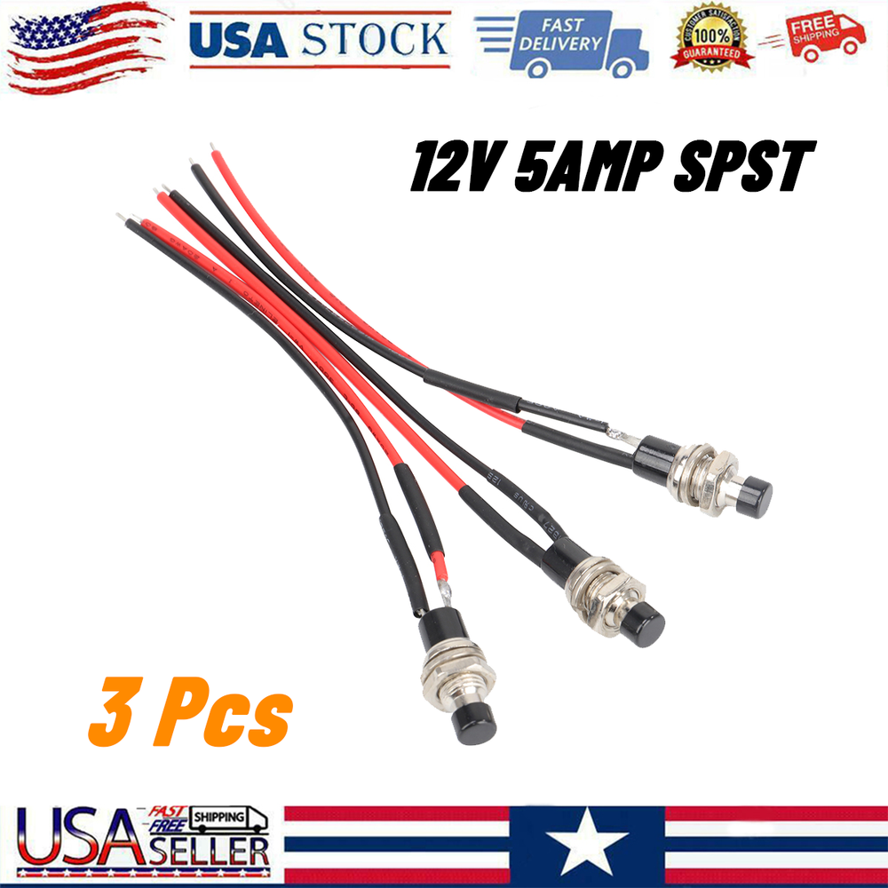 3 Pack Mini Push Button Pre-Wired Momentary OFF-ON Switch Plug 12V 5AMP SPST