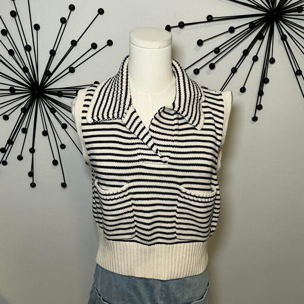 Zara Black White Striped Knit Crop Top Collared Sleeveless Y2K
