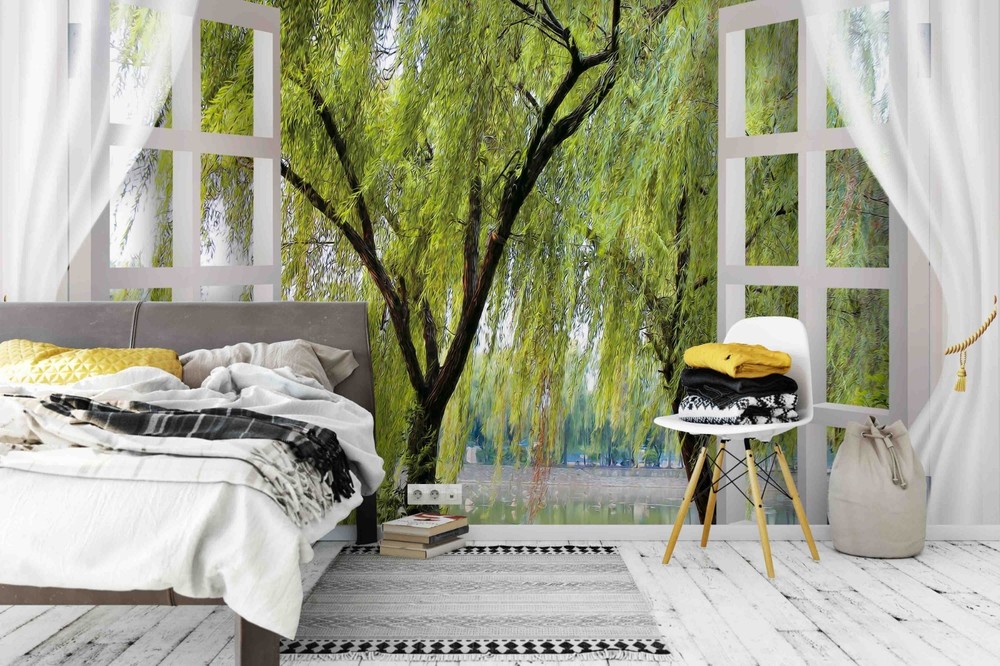 3D Window Willow Tree Landscape Wall Murals Wallpaper Murals Wall Sticker
