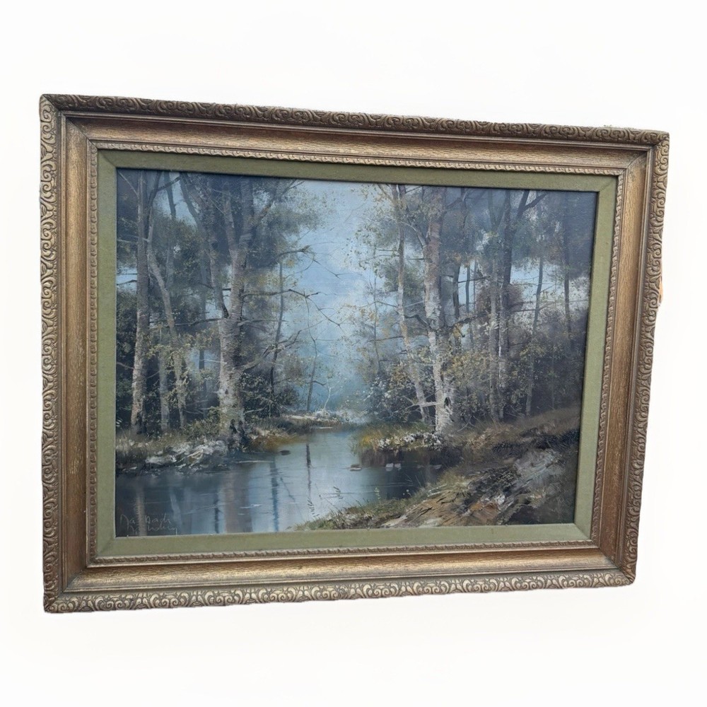 Vintage Signed Woodland River Oil Painting 31” Moody Gold Frame Birch Trees Land