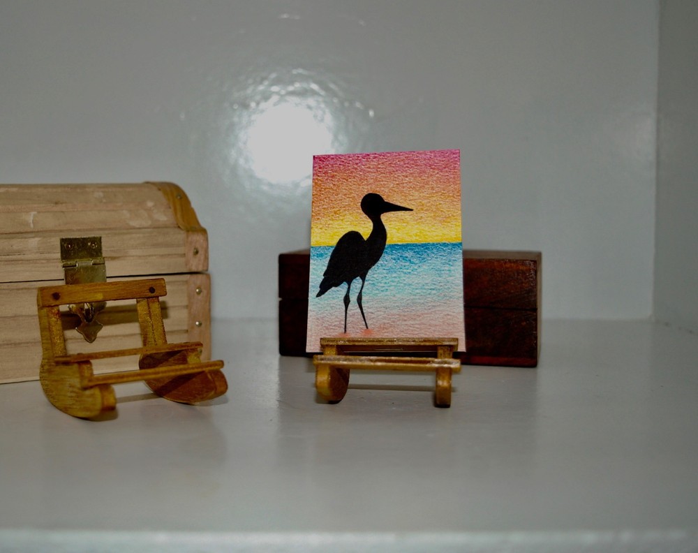 Original ACEO Crane at Sunset - Hand Painted Art Card  2.5 X 3.5