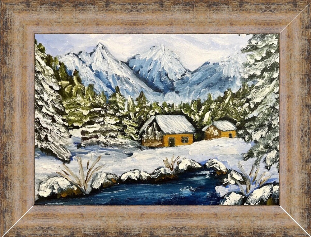 Framed Oil Painting Original Landscape Canvas Art Winter Landscape Cabin House