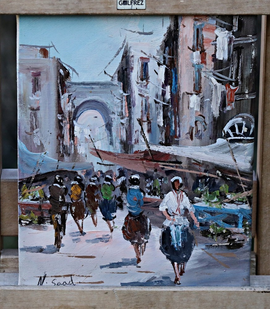Italian Cityscape Market Scene Oil Painting Canvas Signed OOAK Framed