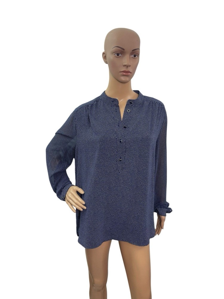 Anne Klein Womens Size XL Long Sleeve V Button Neck Blue White Polka Dots Blouse