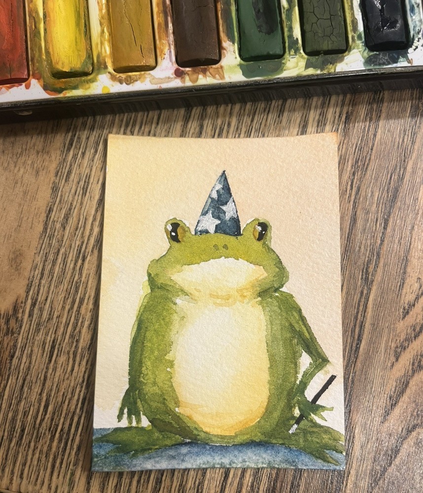 ACEO PRINT Frog Wizard Watercolor Painting, the Hat Guys 3.5x2.5 in