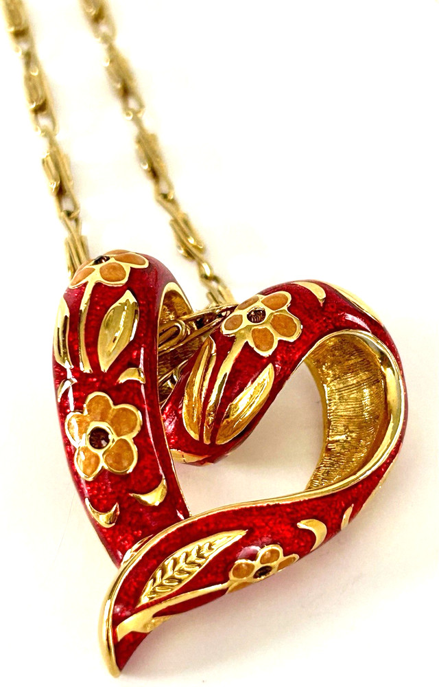Vintage Nolan Miller Signed Floral Enamel Cloissone Heart Gold Tone Necklace