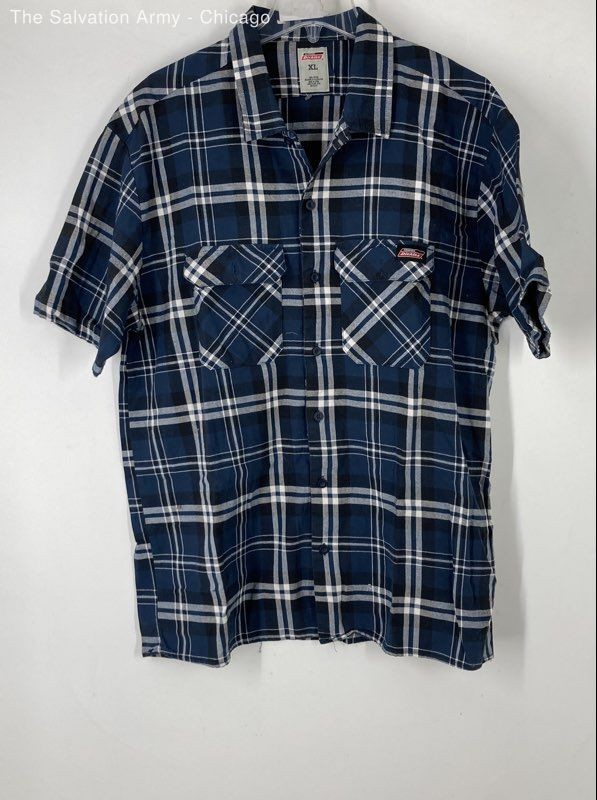 Dickies Mens Blue Black White Plaid Cotton Short Sleeve Button-Up Shirt Size XL