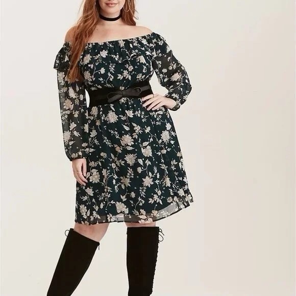 Torrid Green Floral Print Chiffon Off Shoulder Skater Dress Plus Size 4x 4