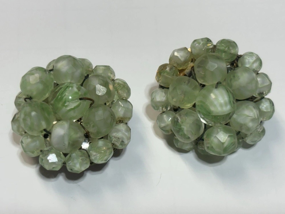 Vintage Green Glass Bead Cluster Earrings Clip On Made in Western Germany