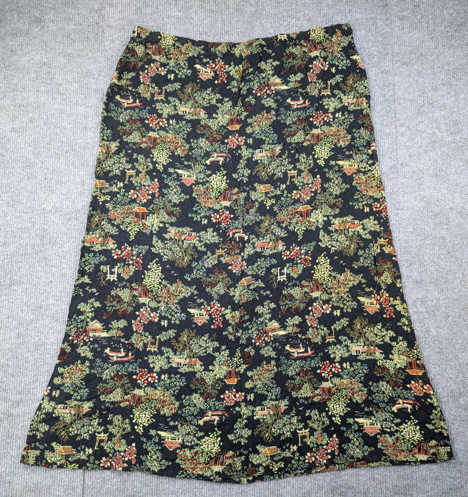 Vintage Midi Skirt Womens XL Oriental Floral Novelty 90s Phoebe Buffay Black Y2K