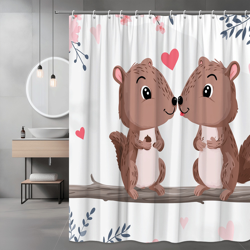 Cute Squirrel Hearts Shower Curtain, Animal Print Bathroom Decor
