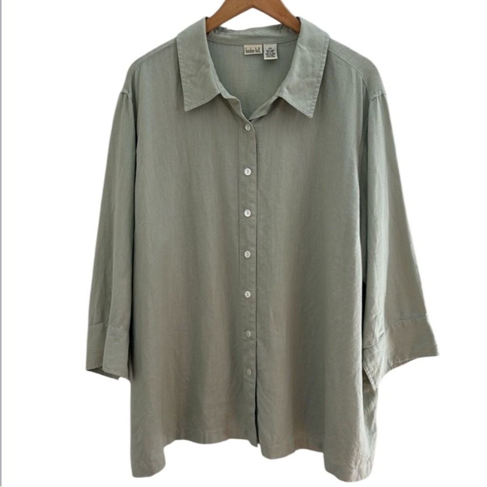 Linden Hill 100% Linen Green Casual Button Down Shirt 3/4 Sleeve Lagenlook Artsy
