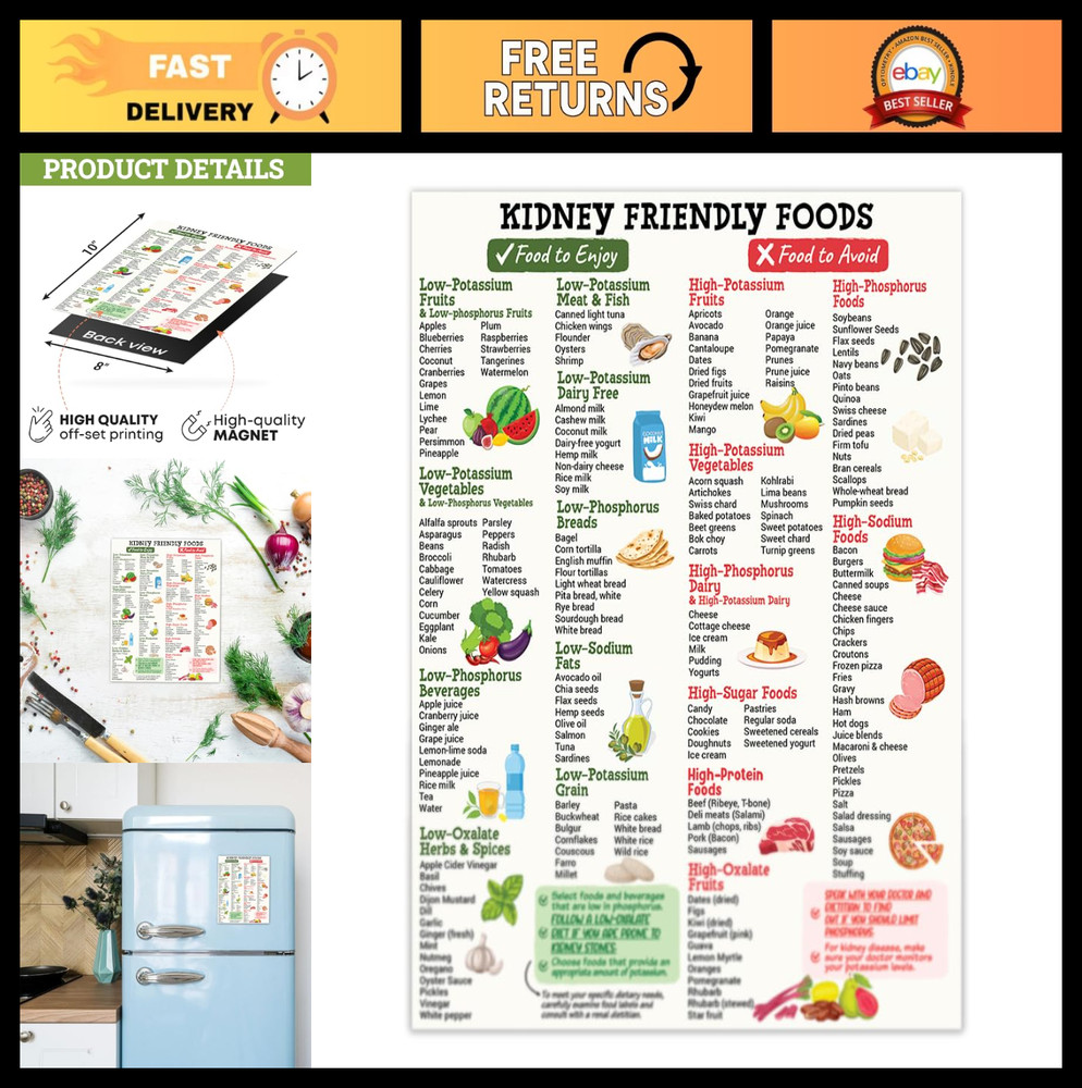 Kidney-Friendly Magnetic Food Chart Poster - Eat & Avoid Foods for Kidney Stones