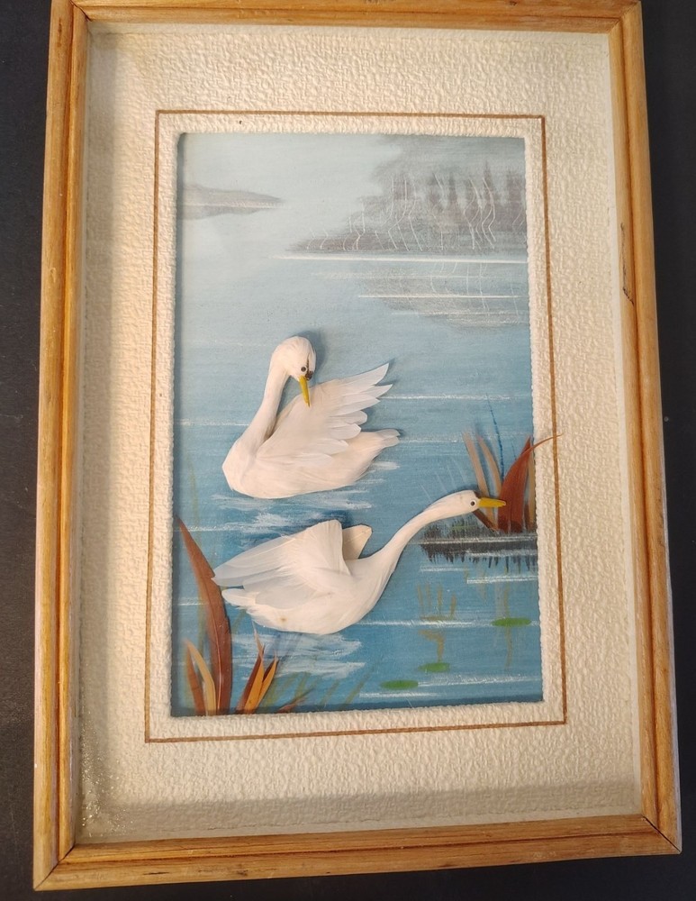 Vintage Feather and Paint Wall Art, Mixed Media, White Swan Pond 80's Retro Vibe