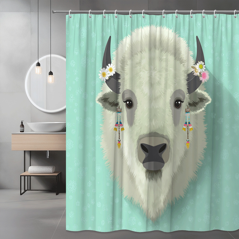 Boho Bison Shower Curtain Mint Floral Animal Print
