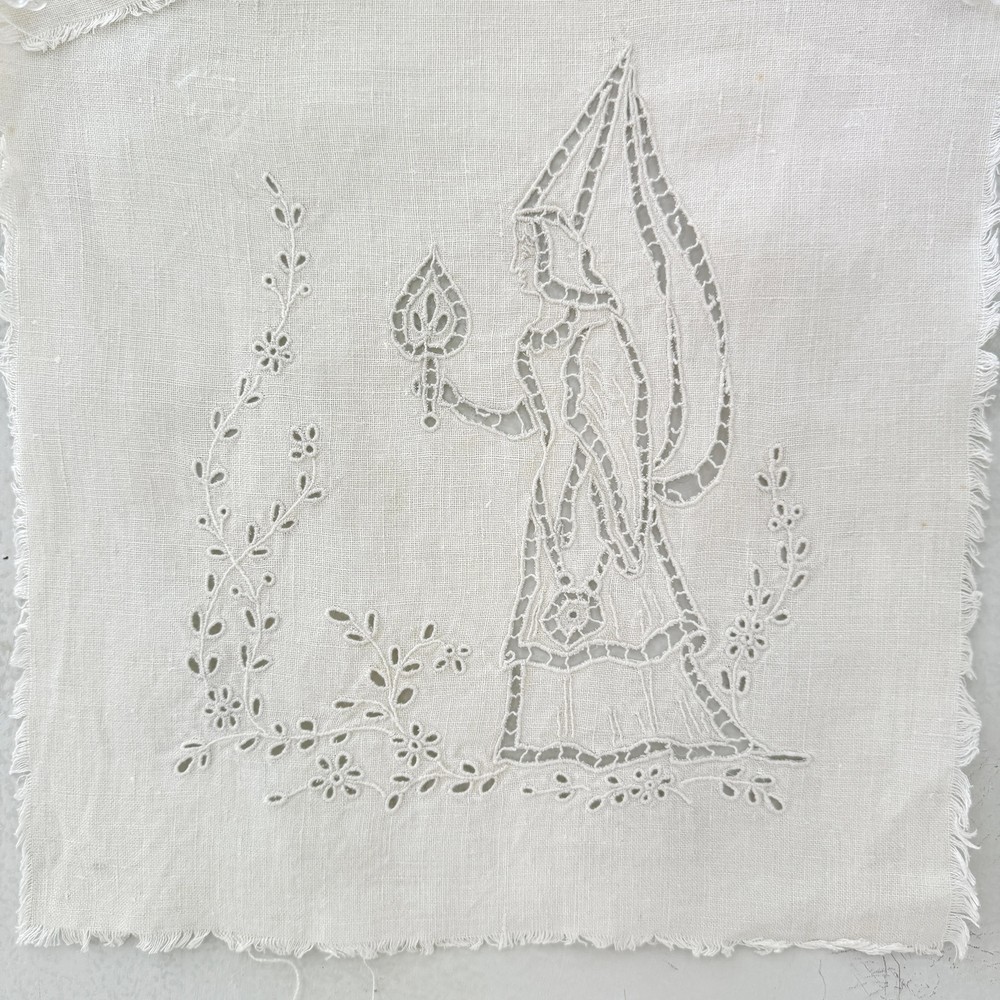11x11 Drawnwork antique French handmade unique textile with linen white shield