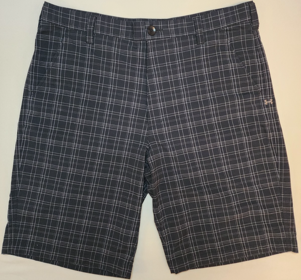 Under Armour Plaid Athletic Stretch Golf Shorts Mens 36 Blue & White w/4 Pockets