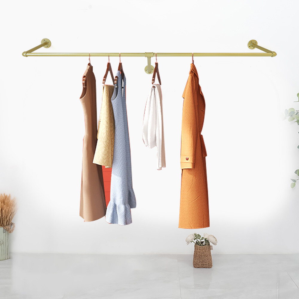 Industrial Gold Clothes Rack Pipe Clothes Hanging Pole Shelves Wall Mounted