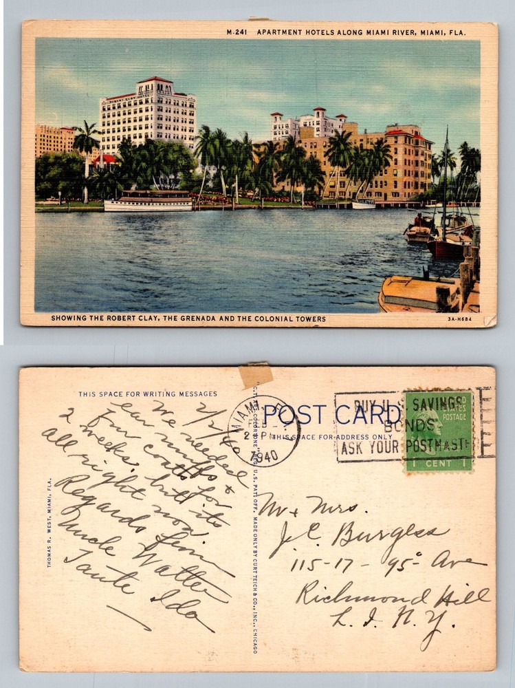 Miami, FL-Florida, Apartment Hotels Along The Miami River Vintage c1940 Postcard