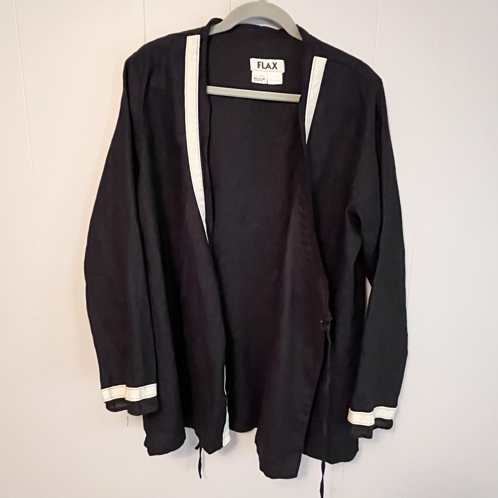 FLAX 100% Linen Open Tie Up Front Jacket Women’s Size Medium Retro Lagenlook