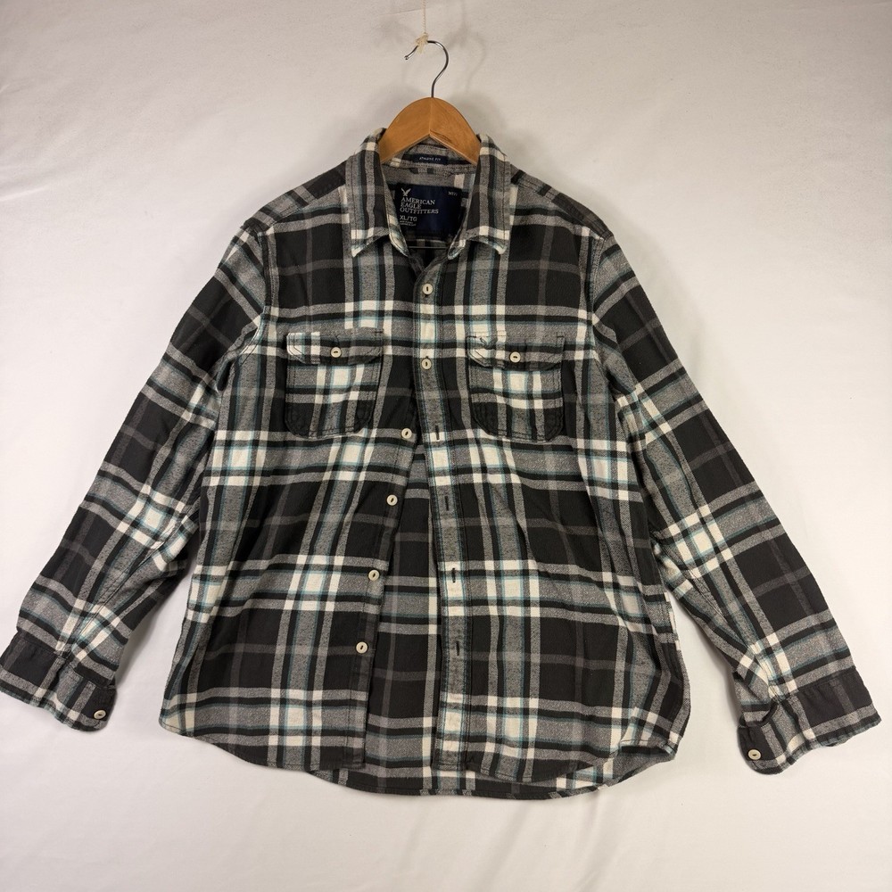 American Eagle Outfitter Black White Plaid Flannel Shirt Men XL 100% Cotton