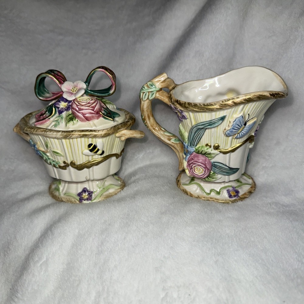 FITZ AND FLOYD Woodland Spring Sugar Bowl & Creamer Set No Spoon