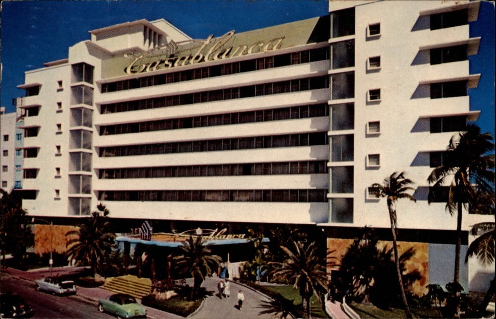 Florida Miami Beach Casablanca hotel 1950s cars palm trees ~ postcard sku005