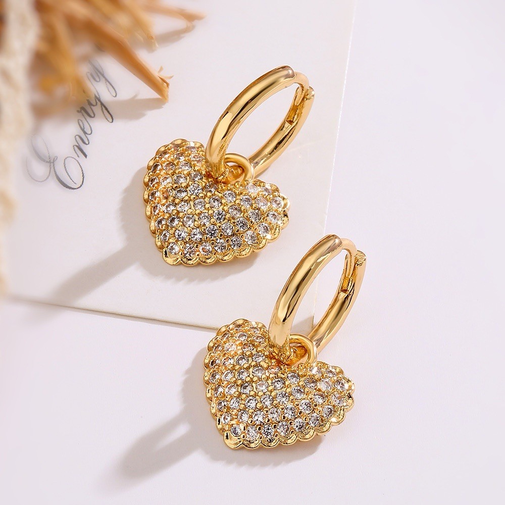 18K Gold Plated Heart Shaped Copper Zircon Drop Earrings for Commute