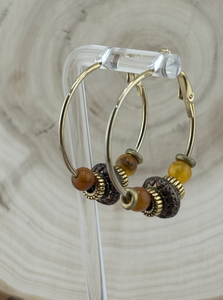 Vintage Beaded Hoop Earrings Amber Brown Bronze Tone Boho Dangle