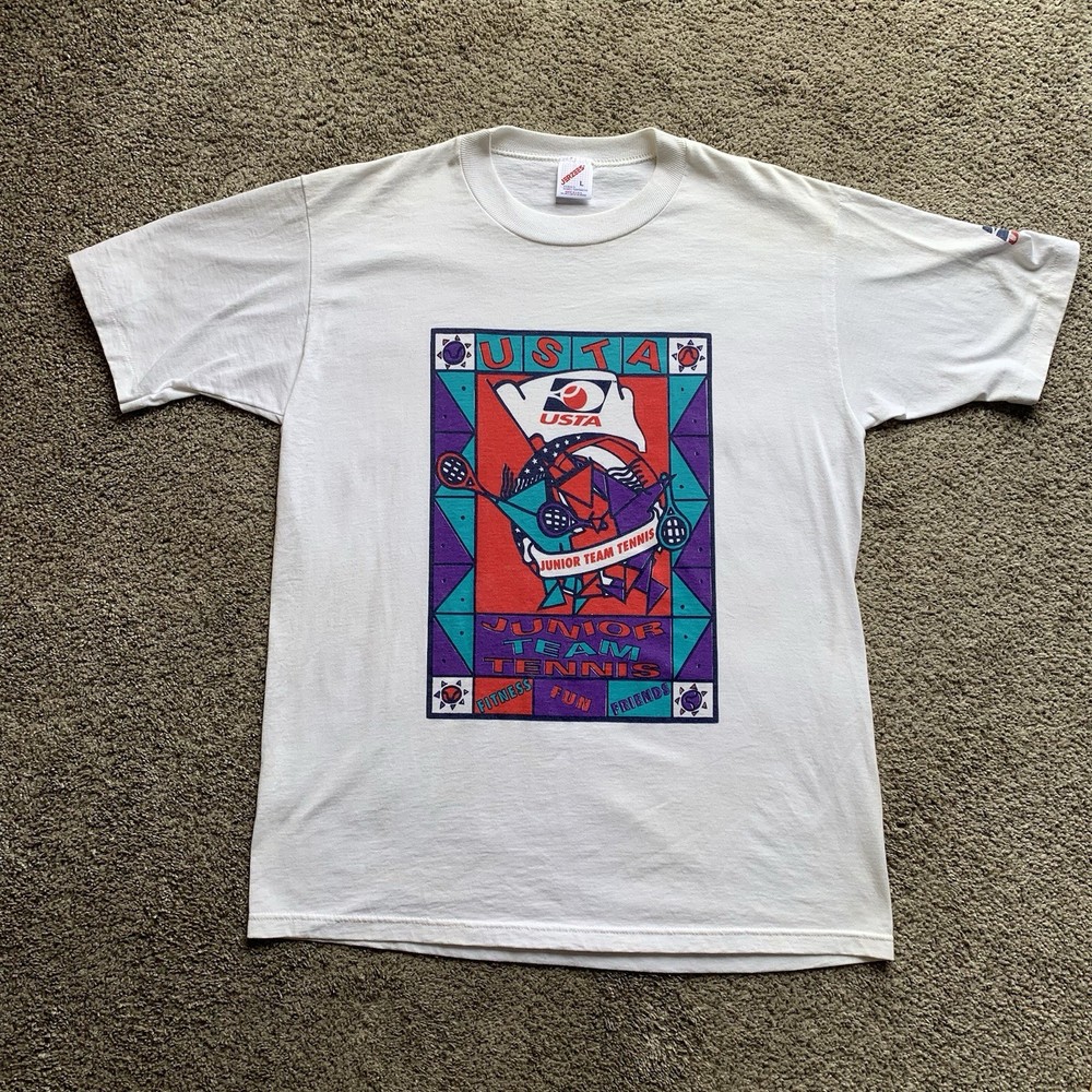 Vintage USTA Tennis T Shirt Mens L White 90s USA Made Graphic Tee