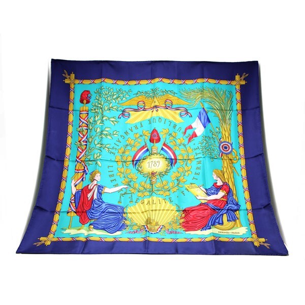HERMES 90cm Liberté Égalité Fraternité Silk Scarf Blue Authentic Carre 1789