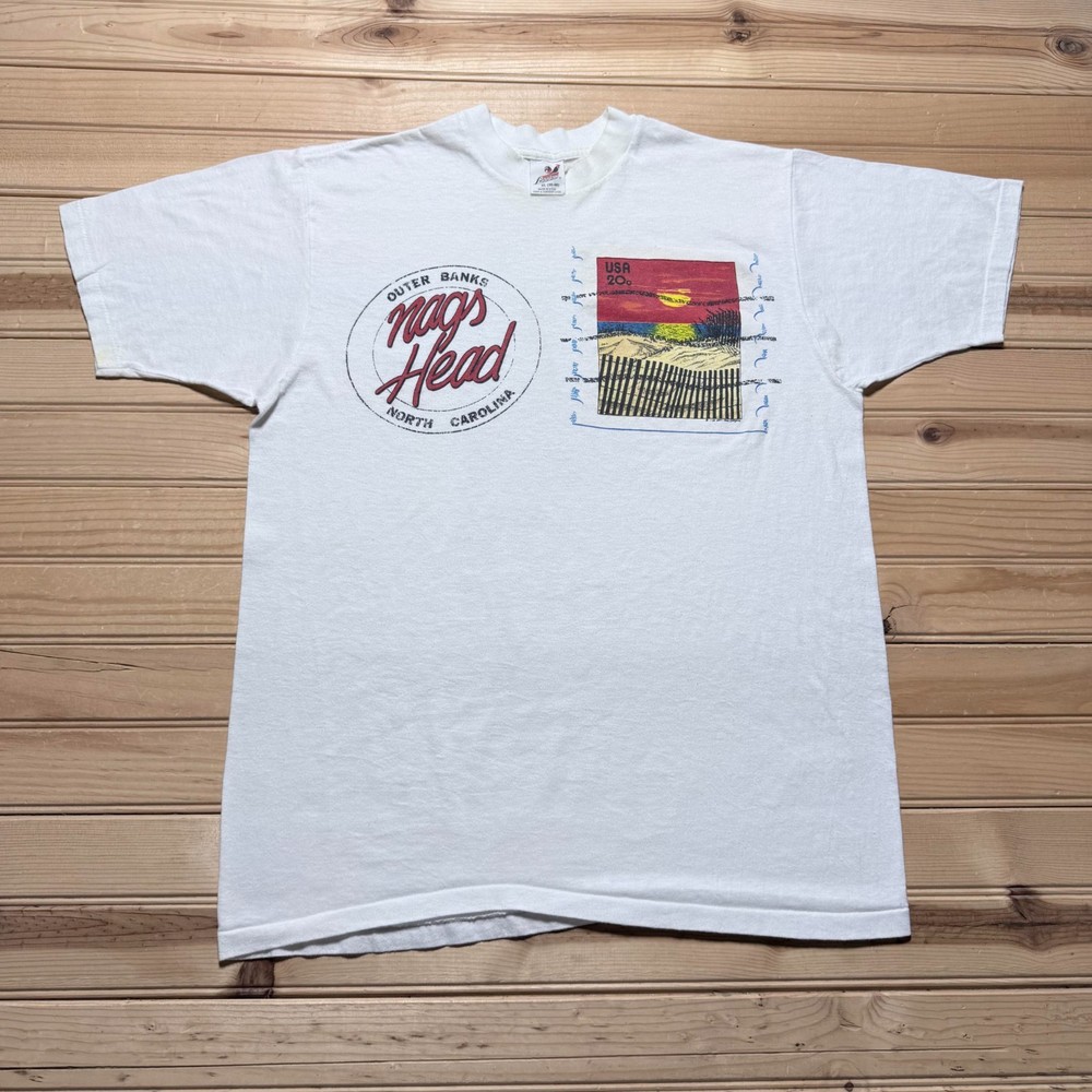 Vintage 80s Outer Banks Nags Head North Carolina Postage Stamp T-Shirt USA - XL
