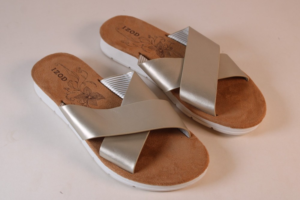 IZOD Women's Alyssa Gold Crisscross Strap Slide Slip On Sandals Shoe Size 7.5