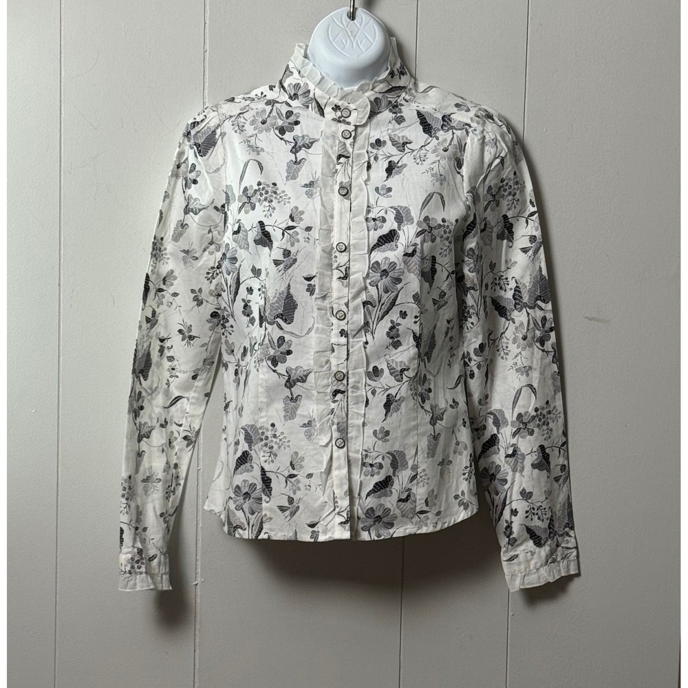 Veeko Women's White Floral Butterfly Ruffle High Neck 100% Cotton Blouse Size  M