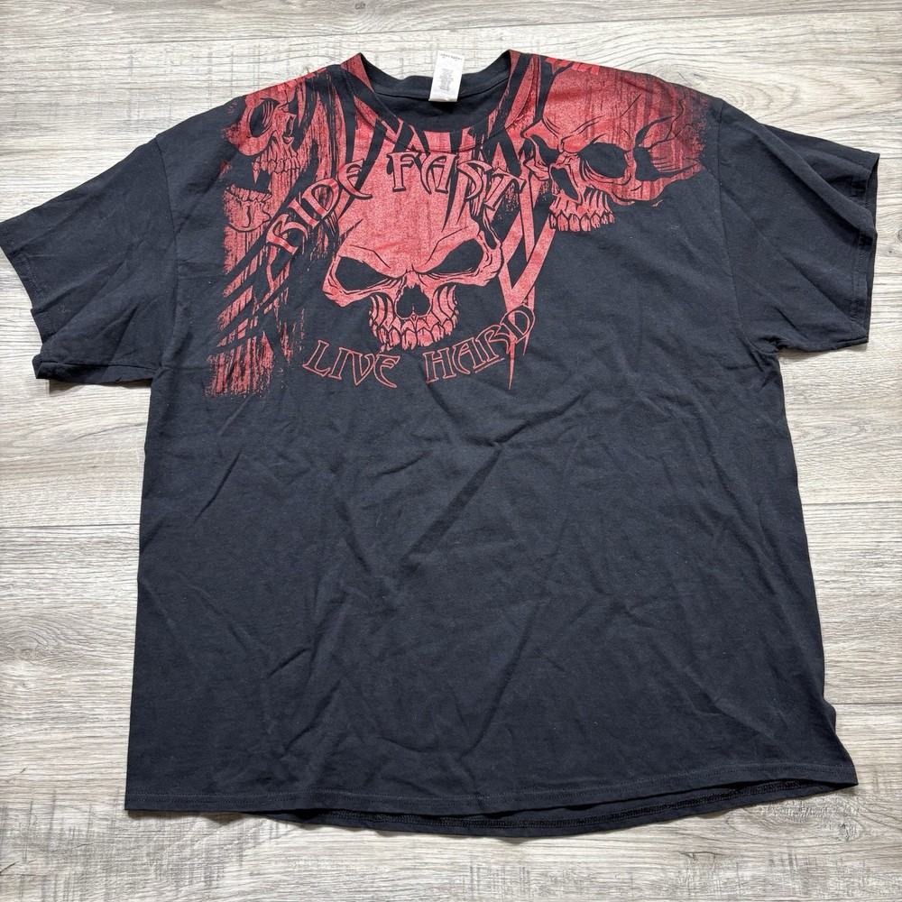 Biker Ride Fast Live Hard Y2K Affliction Style Black Red Shirt XXL
