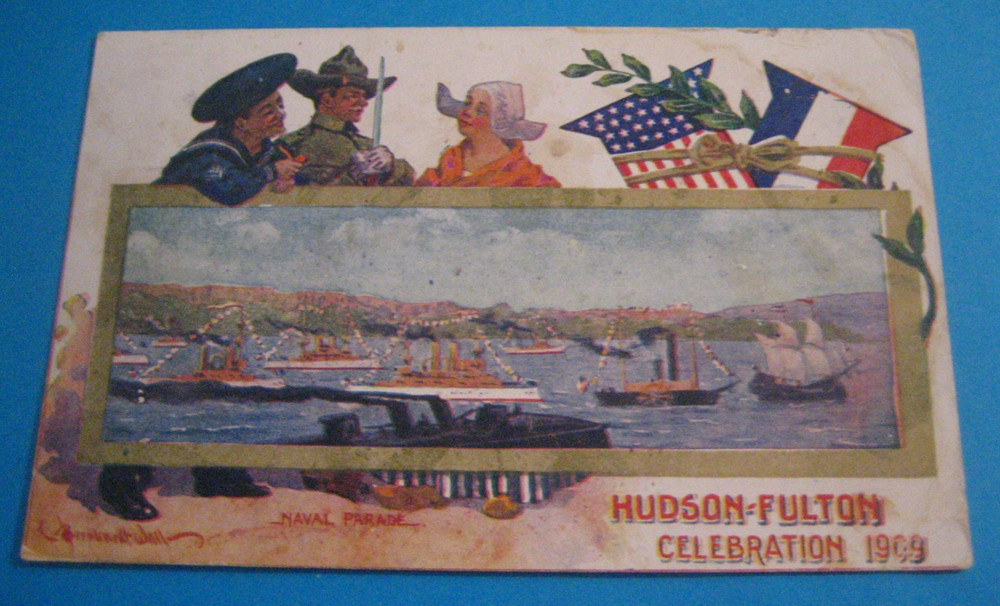 Antique 1909 Americana Hudson Fulton Celebration Postcard Ships Military