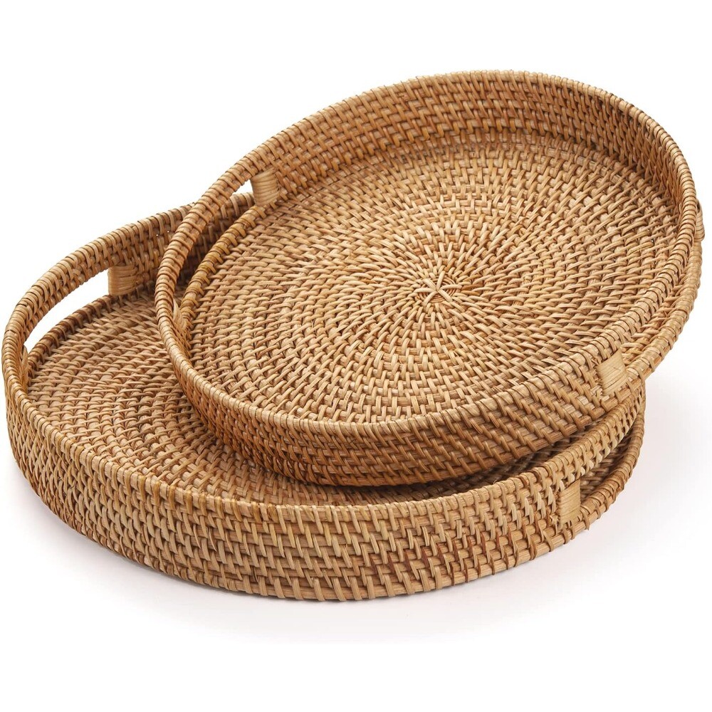Rattan Round Serving Tray, Hand Woven Serving Basket with Cut, Out Handles