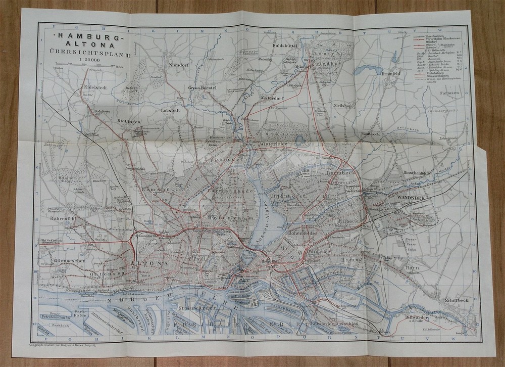 1911 Original Antique City Map Of Hamburg / Altona / Germany