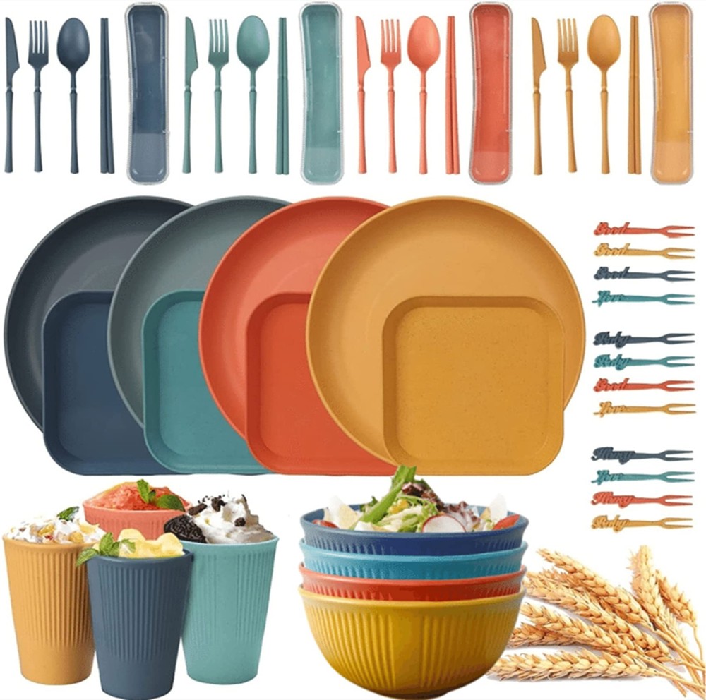 Wheat Straw Dinnerware Sets (48Pcs) Reusable Dishware Sets with Plates, Cups,...