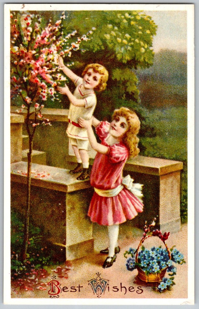 Antique Postcard Children Picking Blossoms 1910s