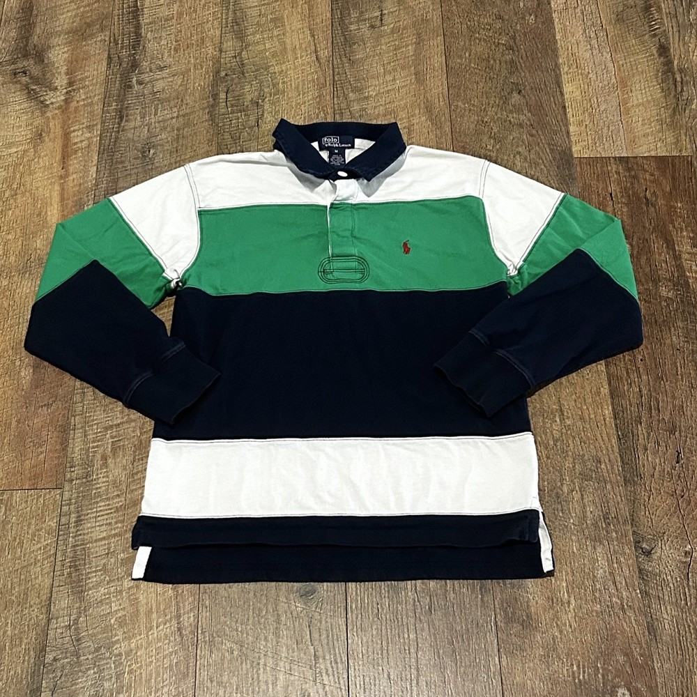 Polo Ralph Lauren Youth Rugby Shirt Green Blue Striped Long Sleeve Size M READ
