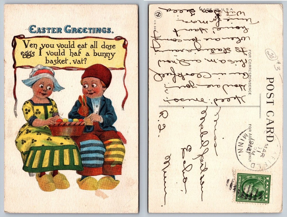 Easter Greetings Postcard Dutch Children Eggs Clogs Litchfield MN 1914