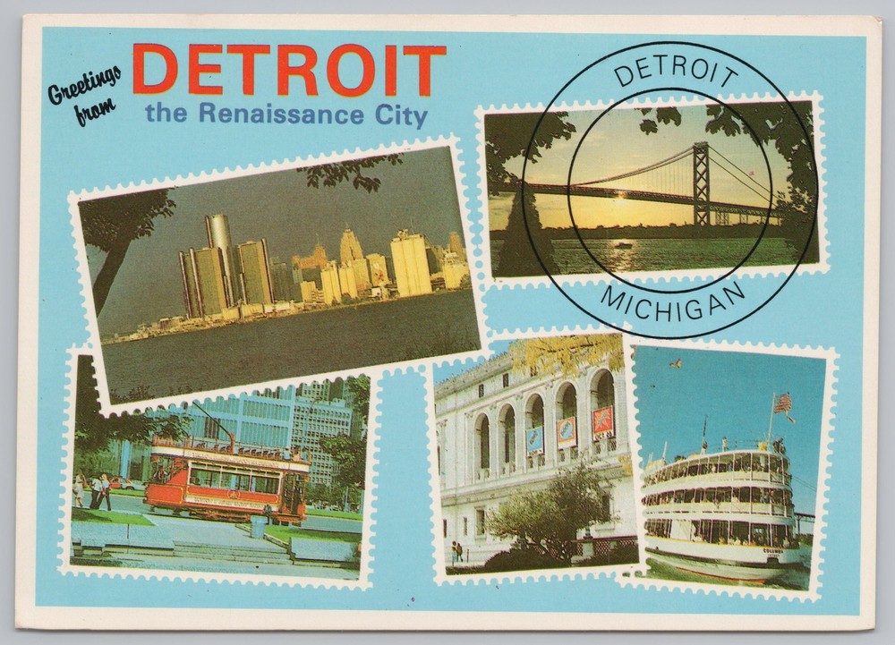 State View~5 Views Detroit On Stamps The Renaissance City~Continental Postcard
