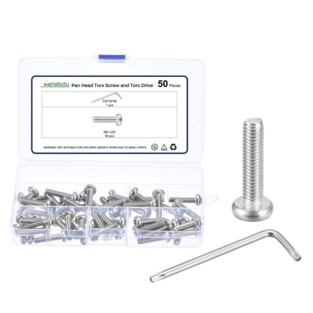 M6-1x25mm Pan Head Torx Screws 50Pcs Stainless Steel 304 Silver Tone