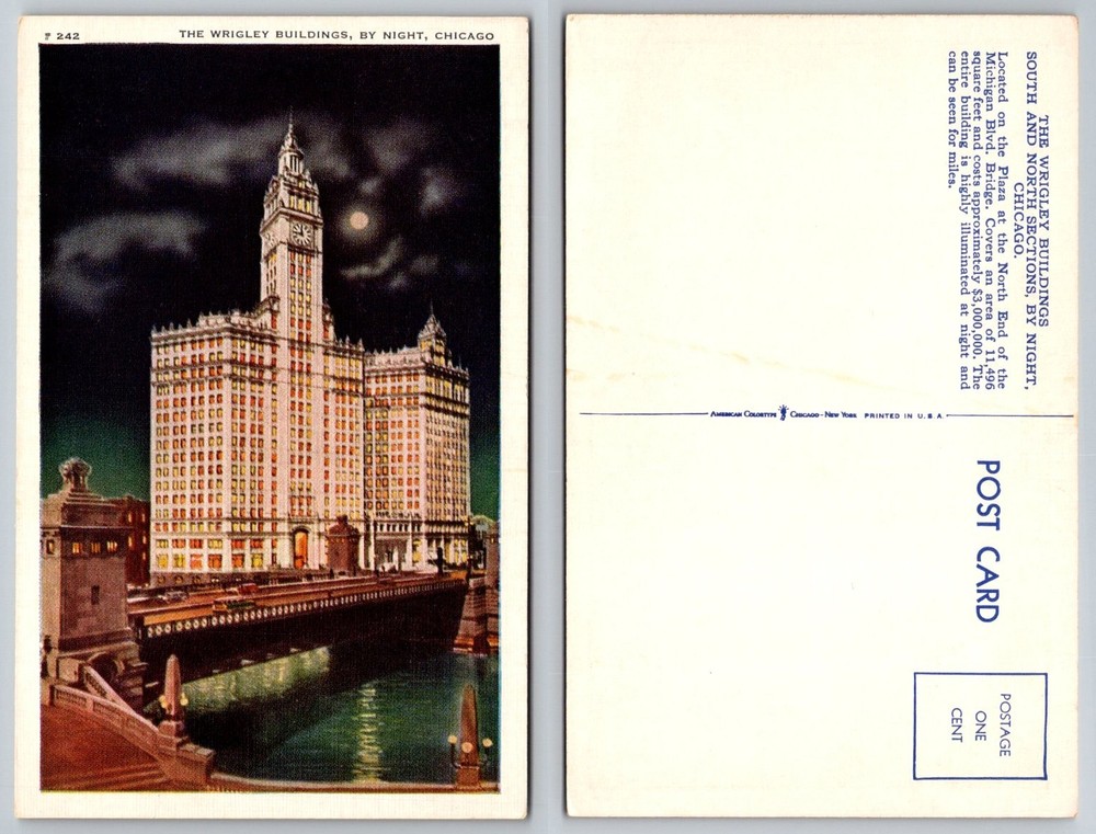 Vintage Wrigley Building Chicago Night View Linen Postcard Michigan Ave Bridge
