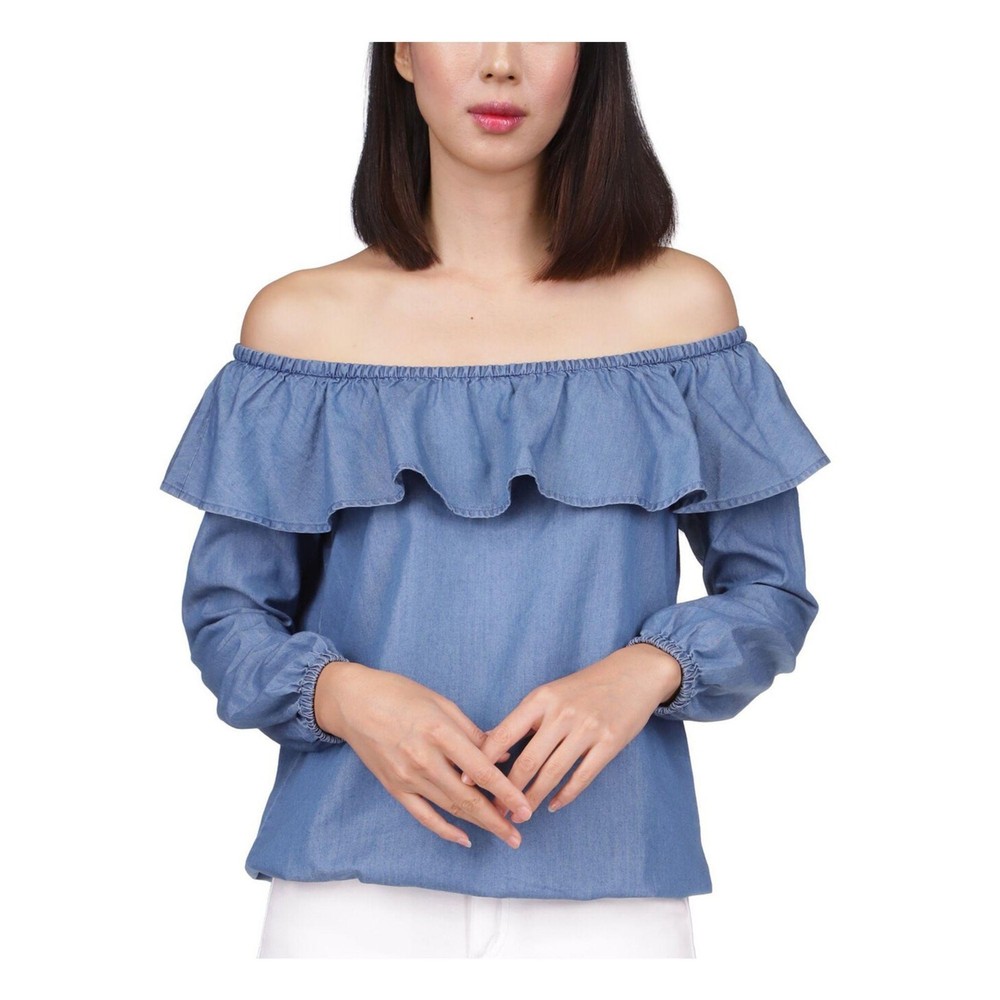 Michael Kors Women Denim Blue Cotton/Rayon Off-The-Shoulder Peasant Top Size XS