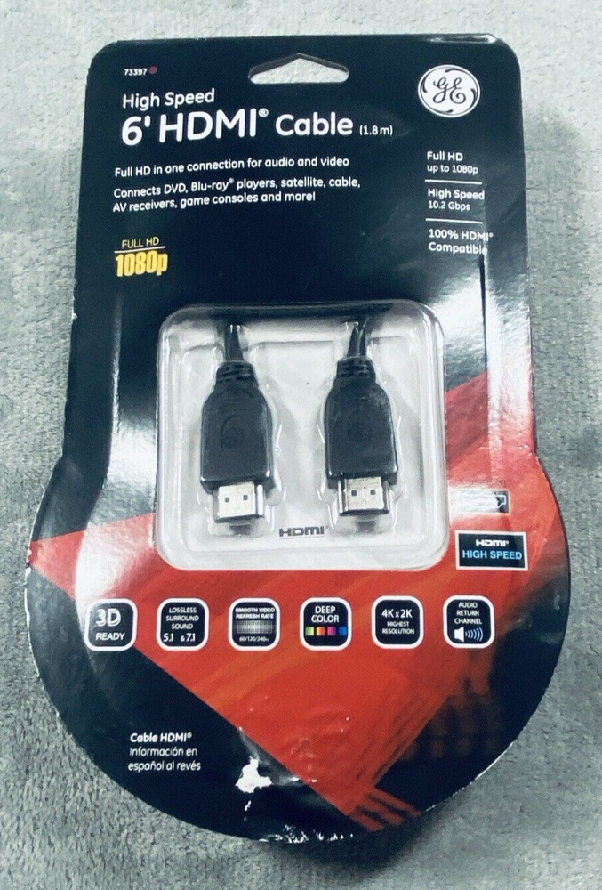 GE High Speed 6 Foot HDMI Cable Full HD to 1080p 10.2 Gbps 100% HDMI Compatible