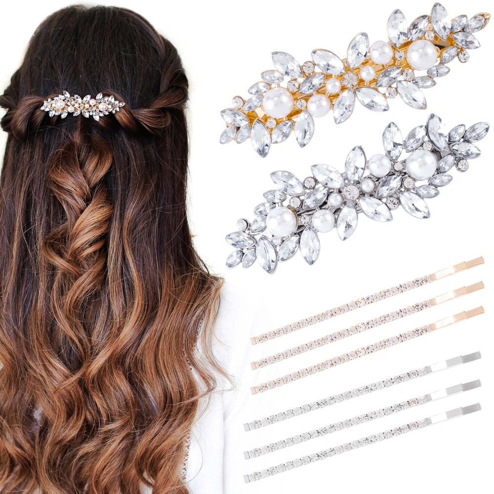 2Pcs Pearl Barrettes with 6 Bobby Pins and Rhinestone Hair Clips
